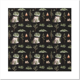 Cabin Forest Seamless Pattern Black Posters and Art